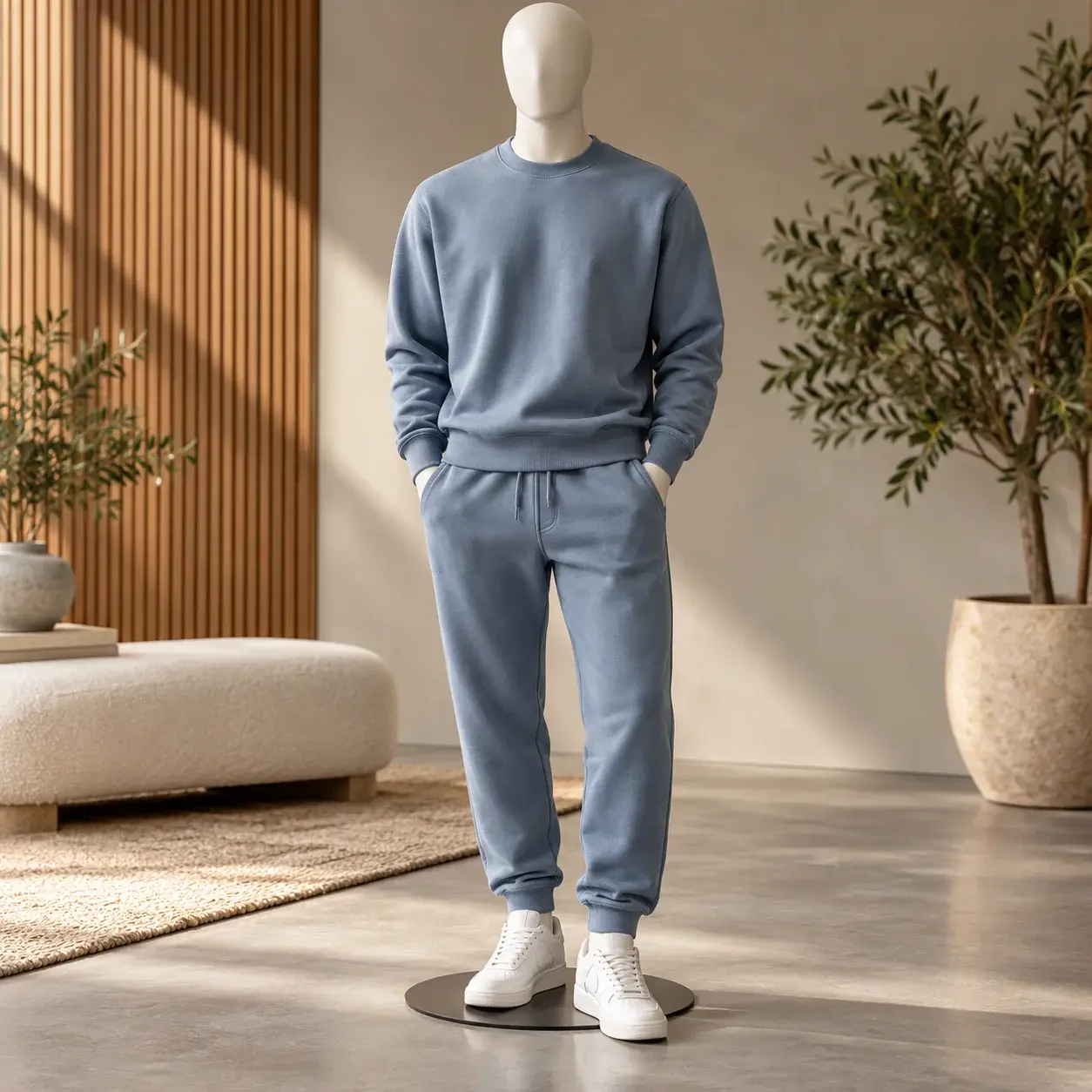 Dusty blue crewneck sweatshirt and matching jogger sweatpants displayed on a faceless mannequin with white sneakers in a modern, minimalist studio setting.